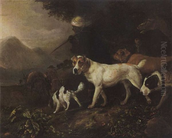 Huntsmen With A Servant, Horses And Hounds On A Path Oil Painting by Adriaen Cornelisz Beeldemaker