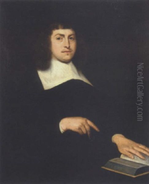 Portrait Of A Gentleman In A Black Costume With A White Collar, His Right Hand Pointing To A Book On A Table Oil Painting by Adriaen Cornelisz Beeldemaker