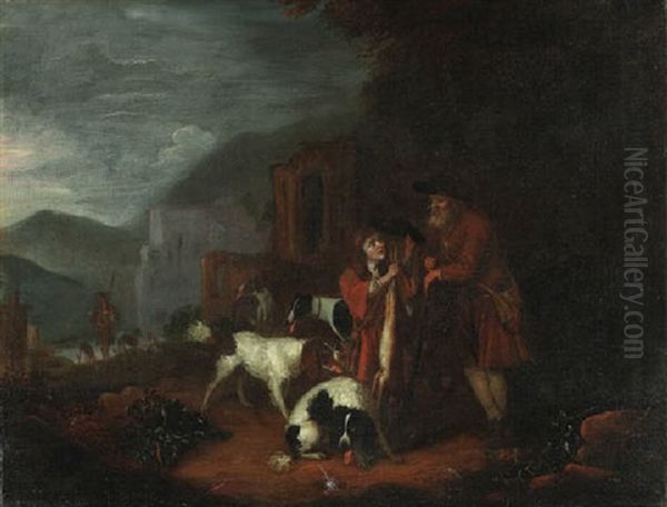 A Man, A Boy And Their Dogs Returning From The Hunt, With Architectural Ruins In A Landscape Beyond Oil Painting by Adriaen Cornelisz Beeldemaker