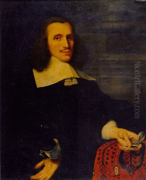 Portrait Of Allard Poelaert At A Draped Table In Black Costume With Lace Chemise, Holding A Fop-watch by Adriaen Cornelisz Beeldemaker