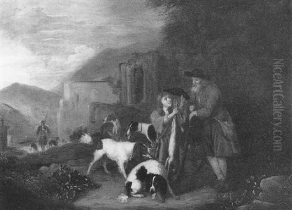 A Hunting Scene With A Boy Presenting A Hare To An Old Man With Dogs In An Italianate Landscape Oil Painting by Adriaen Cornelisz Beeldemaker