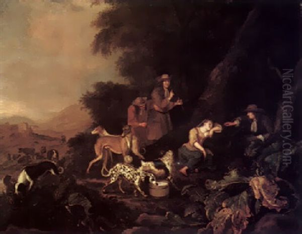 A Wooded Landscape With Hunters And Their Dogs Gathered Round A Sleeping Maiden Oil Painting by Adriaen Cornelisz Beeldemaker