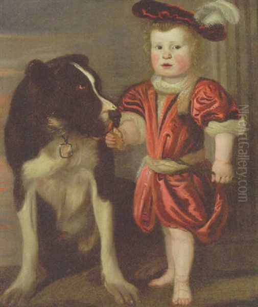 Portrait Of A Boy, In A Red Tunic With A Red Plumed Hat, Holding Spear With A Dog Beside Him, A Landscape Beyond Oil Painting by Adriaen Cornelisz Beeldemaker