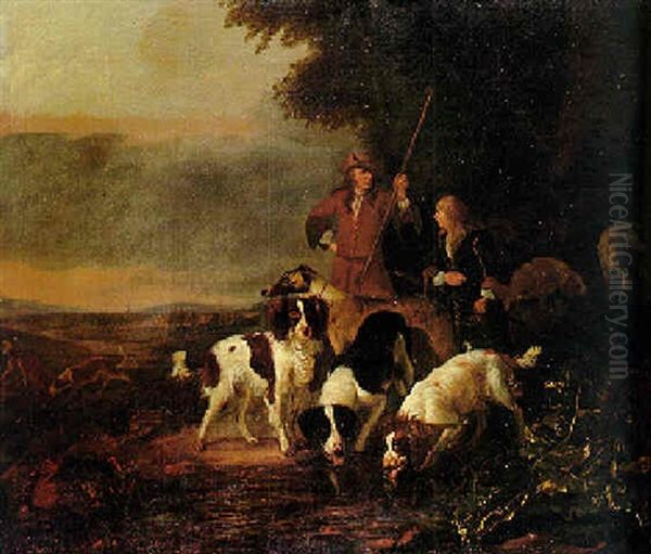 Men With A Lurcher And Spaniels By A Pool On A Heath Oil Painting by Adriaen Cornelisz Beeldemaker