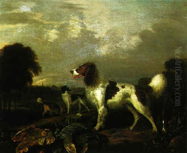 Wooded Landscape With Spaniels, A Huntsman Beyond Oil Painting by Adriaen Cornelisz Beeldemaker