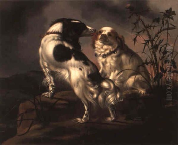 A Marlborough And A Liver And White Spaniel In A Rocky Mountain Landscape Oil Painting by Adriaen Cornelisz Beeldemaker