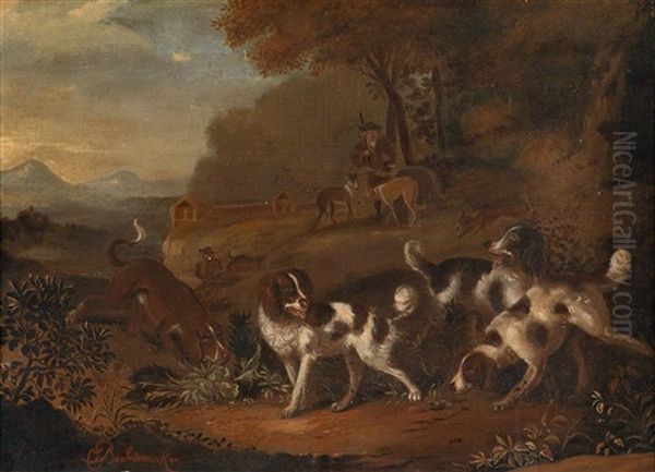 Zwei Landschaften Mit Jagdhunden Oil Painting by Cornelis Beeldemaker