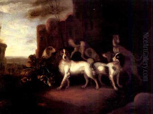 Spaniels And A Hound On A Path With Buildings And Travellers Beyond Oil Painting by Francois Beeldmaker