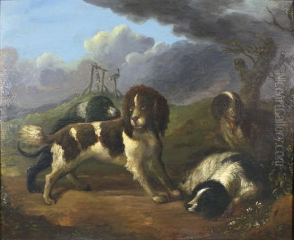 Quatre Chiens De Chasse Oil Painting by Johannes Beeldmaker