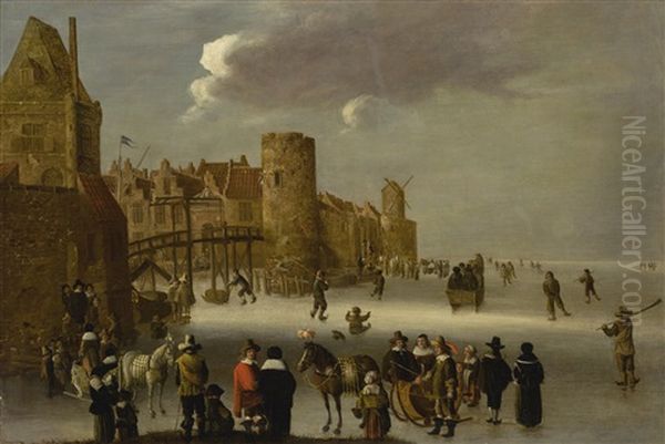 A Winter Scene With Skaters On A Frozen Canal, A Townscape At Left Oil Painting by Cornelis Beelt