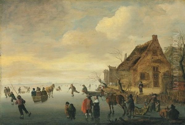 A Winter Landscape With Horse-drawn Sledges And Figures Skating On A Frozen Lake By A Rural Village by Cornelis Beelt