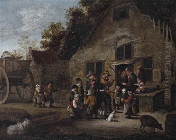 Peasants Outside A Farmhouse Listening To A Group Of Musicians Oil Painting by Cornelis Beelt