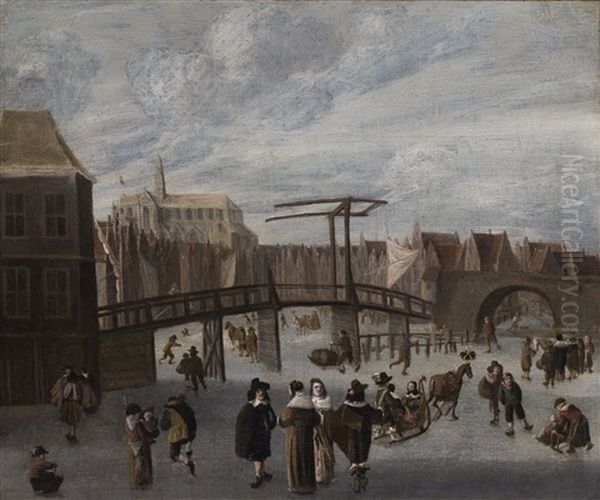 Haarlem In Winter With Skaters On The Spaarne River, And A View Of St. Bavo Cathedral Beyond And The Duckling Gate At Left Oil Painting by Cornelis Beelt