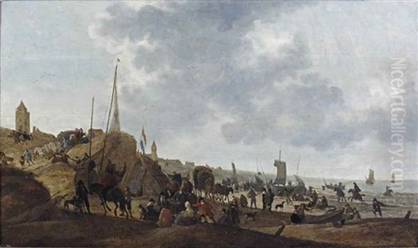 The Beach Of Scheveningen With The Carriage Of King Charles Ii Arriving Amongst Numerous Figures Oil Painting by Cornelis Beelt