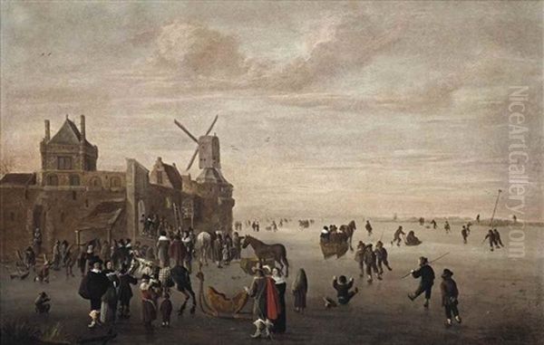 A Winter Landscape With Figures Skating, Sleigh Riding And Conversing On The Ice Near A Town Wall Oil Painting by Cornelis Beelt