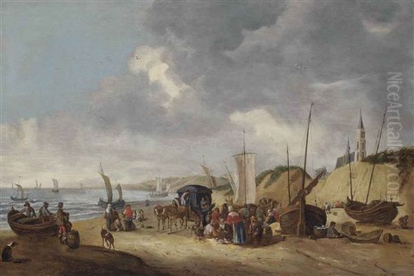 Figures Resting On A Shore With Boats And A Horse-drawn Carriage, Other Sailing Vessels At Sea And A Church Beyond Oil Painting by Cornelis Beelt