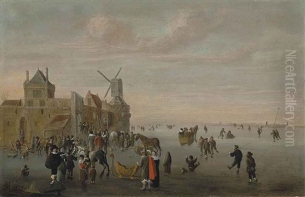 A Winter Landscape With Horse-drawn Sledges And Figures Skating On A Frozen Canal By A Fortified Town With A Windmill Oil Painting by Cornelis Beelt