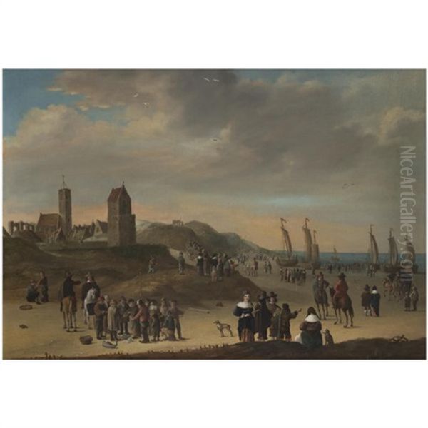 Elegant Figures Strolling On The Beach At Egmond Aan Zee, Sailing Vessels Moored On Shore, And Fisher Folk Selling Their Catch In The Foreground Oil Painting by Cornelis Beelt