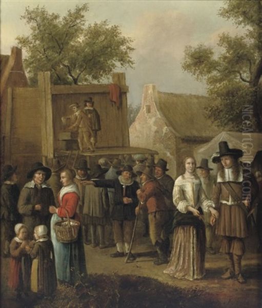 A Street Theatre In A Village With Figures Conversing Oil Painting by Cornelis Beelt