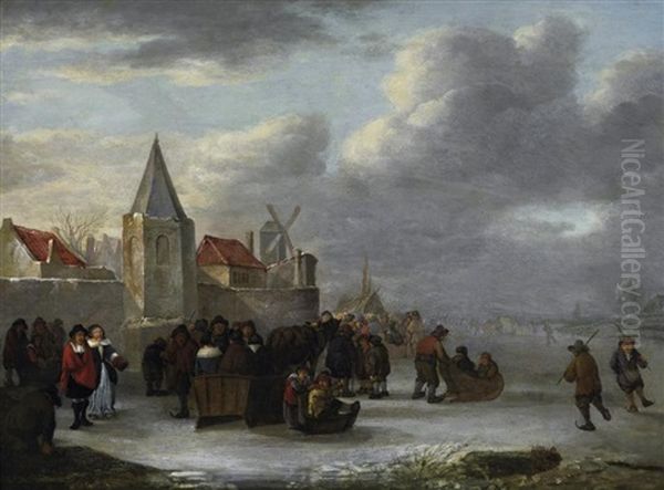 Eisvergnugen. Zahlreiche Personen, Schlittschuhlaufer Und Pferdeschlitten Auf Dem Eis Vor Einer Stadt Oil Painting by Cornelis Beelt