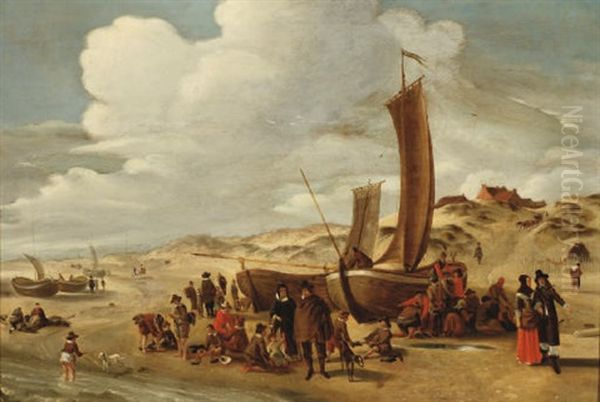 A Beach Scene With Fisher Folk And Moored Boats Oil Painting by Cornelis Beelt