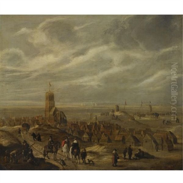 A View Of Egmond Aan Zee With The Oude Kerk, As Seen From The Dunes With Many Figures In The The Foreground Oil Painting by Cornelis Beelt