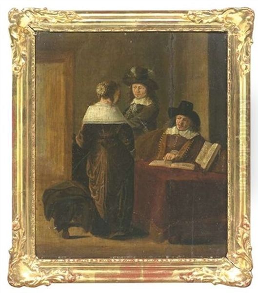 Die Musikstunde. Eine Frau Und Zwei Manner Sind Um Einen Tisch Mit Noten Versammelt. Sign. Oben Rechts K Beelt Oil Painting by Cornelis Beelt