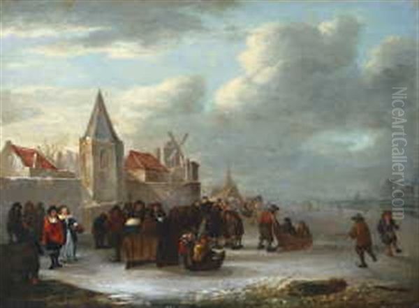 Winterlandschaft Mit Eislaufern Vor Den Mauern Eines Hollandischen Stadtchens Oil Painting by Cornelis Beelt