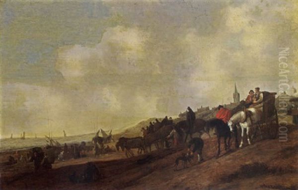 A Beach Scene With Fishermen Unloading Their Catch, And Figures Arriving In Horse-drawn Carts Together With Their Dogs, A Church Tower And A Village Beyond Oil Painting by Cornelis Beelt