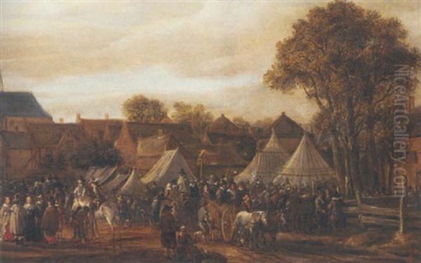 A Horse Fair (valkenburg?), With Figures In Wagons And On Horseback By Booths Outside The Town Walls Oil Painting by Cornelis Beelt