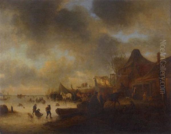 A Winter Landscape With A Village And Children Playing On The Ice In The Foreground Oil Painting by Cornelis Beelt