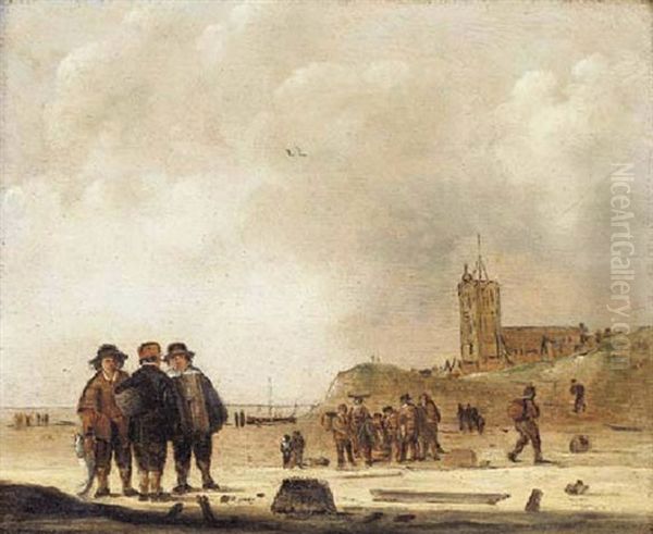 The Beach At Egmond Aan Zee, With Three Fishermen Conversing In The Foreground, A Fishmonger Selling His Catch Beyond Oil Painting by Cornelis Beelt