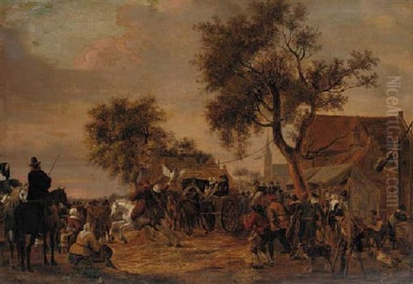 A Village Fair With A Carriage, Travellers And Peasants Oil Painting by Cornelis Beelt