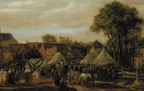 A Horse Fair (at Valkenburg?), With Figures In Wagons And On Horseback By Booths Outside The Town Walls Oil Painting by Cornelis Beelt