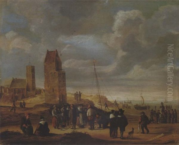 A View Of Egmond-aan-zee With Fisherfolk On The Beach Oil Painting by Cornelis Beelt