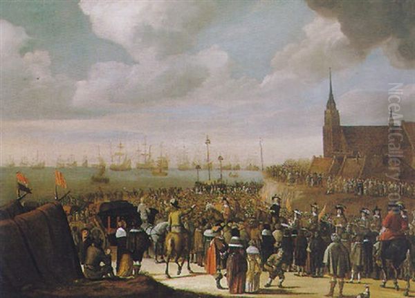 Villagers At A Port Welcoming The Return Of The Fleet Oil Painting by Cornelis Beelt