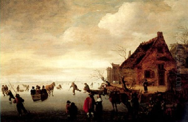 A Winter Landscape With Figures Skating On A Frozen River, A View Of Haarlem On The Horizon Oil Painting by Cornelis Beelt