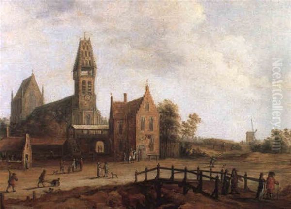 Flemish Village With Peasants Near Church And Bridge Oil Painting by Cornelis Beelt