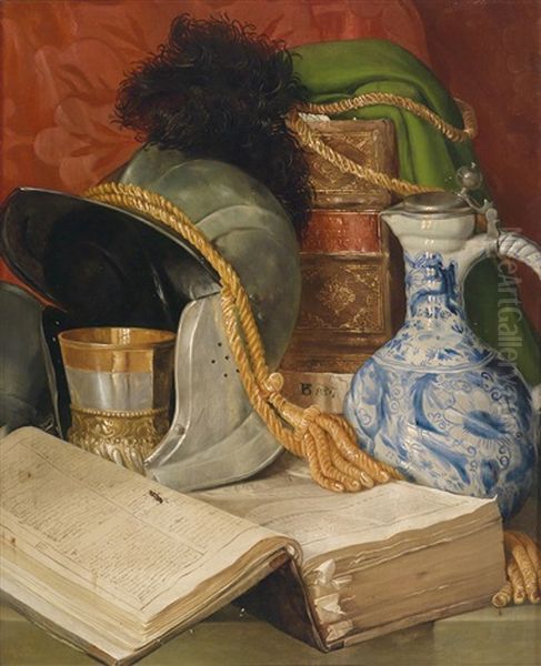 Stillleben Mit Folianten Und Helm Oil Painting by Ferdinand Beer