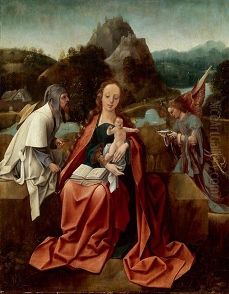 Madonna Mit Kind In Einer Landschaft Sitzend, Flankiert Von Engel Und Pilger Oil Painting by Jan de Beer