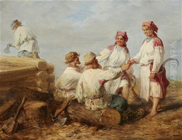 Russian Woodcutters At Rest Oil Painting by Wilhelm Amandus Beer