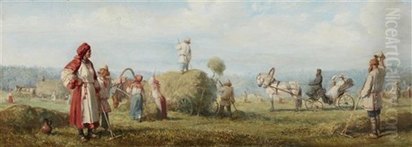 Russian Hay Harvest Oil Painting by Wilhelm Amandus Beer