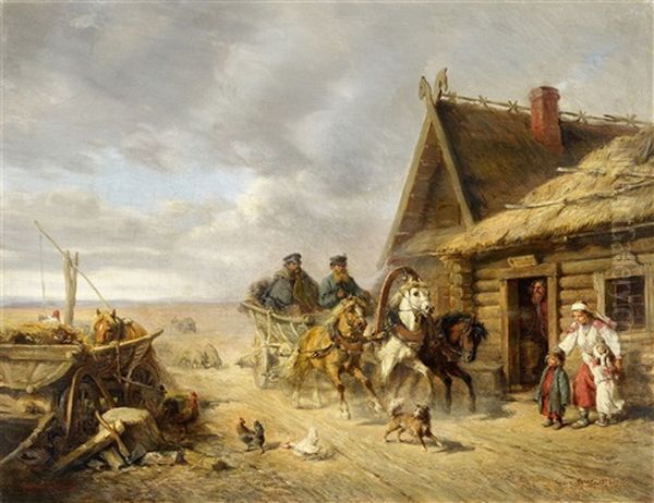 Russian Peasant Scene With A Speeding Troika Oil Painting by Wilhelm Amandus Beer