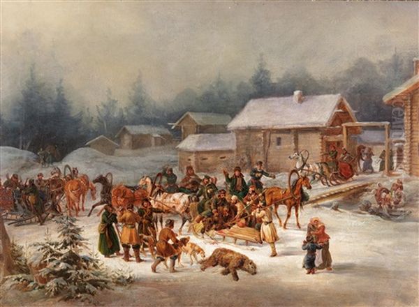 Russian Hunters After The Bear Hunt Oil Painting by Wilhelm Amandus Beer