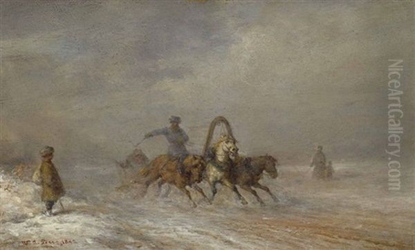 Troika In Winterlandschaft Oil Painting by Wilhelm Amandus Beer