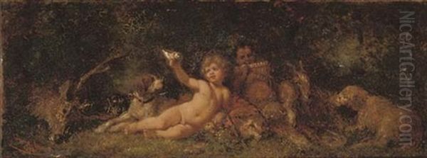 A Putto And Faun Making Merry In The Forest Oil Painting by Wilhelm Amandus Beer