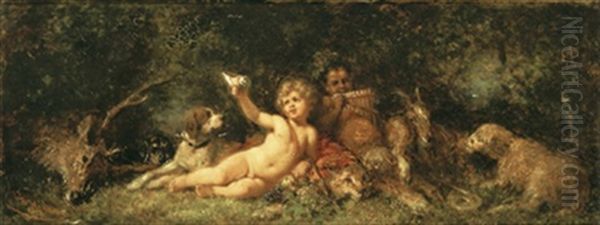 Putto Und Kleiner Faun Mit Jagdbeute Oil Painting by Wilhelm Amandus Beer