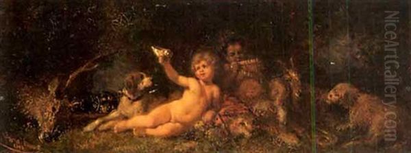 Putto Und Faunkind Mit Jagdbeute Und Ziegen Oil Painting by Wilhelm Amandus Beer