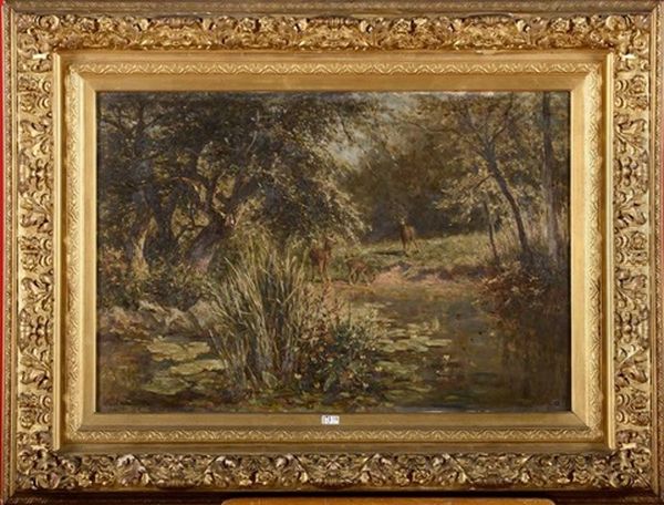 Biches Au Bord De L'eau En Foret Oil Painting by Euphrosine Beernaert