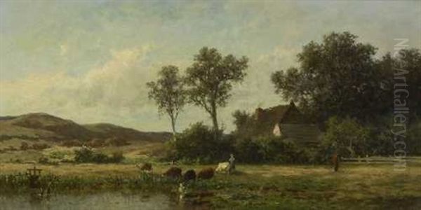 Hirtin Mit Rindern Am Dorfteich Oil Painting by Euphrosine Beernaert